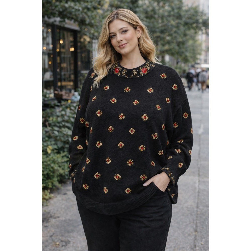 Victoria Women Pullover Sweater Womens Plus Size 2X Black Beaded Vintage NWT